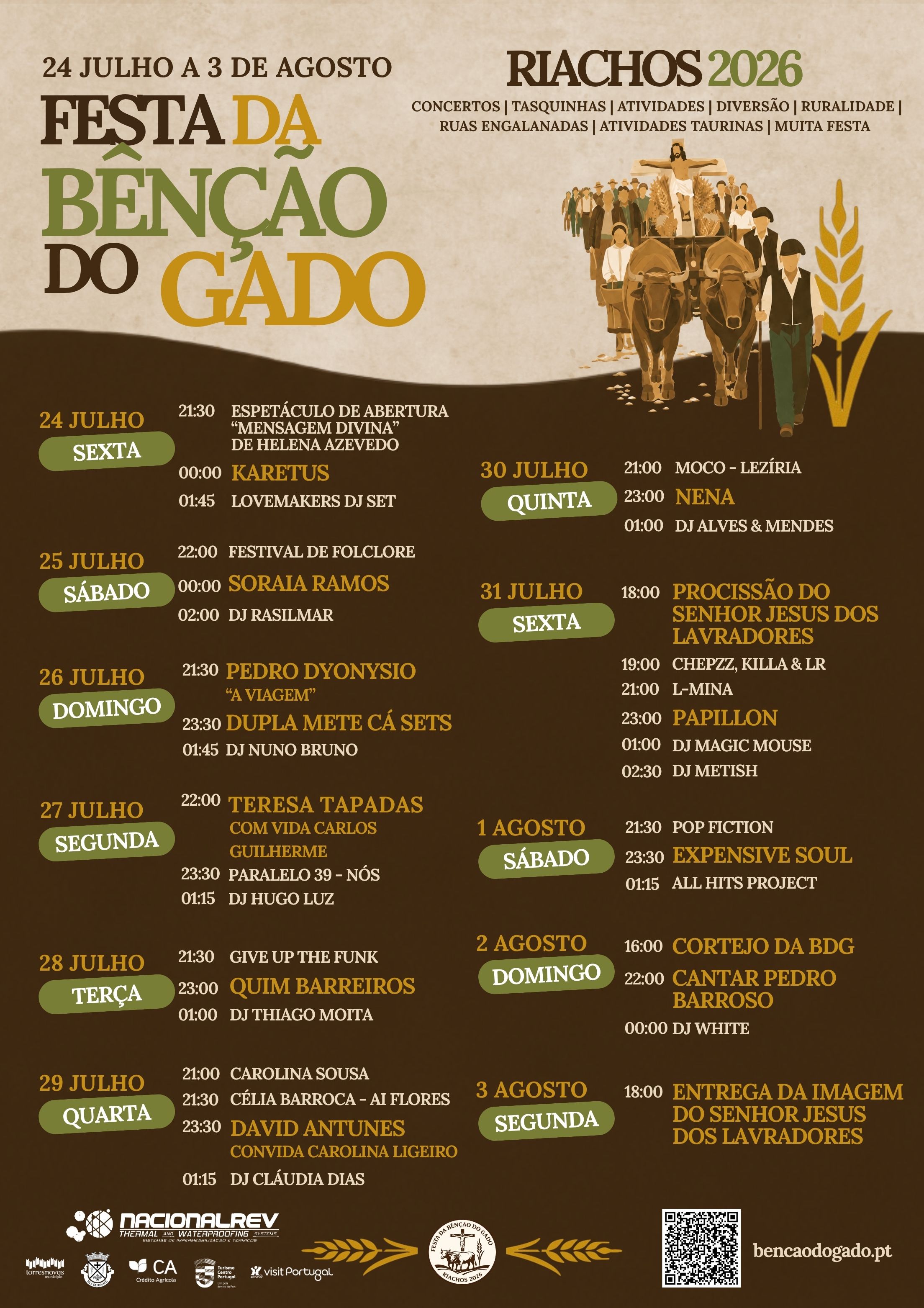 Cartaz de espetáculos e eventos principais — Festa da Bênção do Gado 2026
